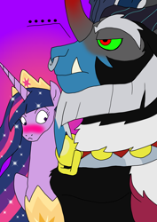 Size: 1000x1414 | Tagged: safe, artist:zetikoopa, derpibooru import, grogar, king sombra, lord tirek, storm king, twilight sparkle, twilight sparkle (alicorn), oc, oc:alastor, alicorn, centaur, pony, taur, my little pony: the movie, ..., blushing, female, fusion, girl staring at guy's chest, male, mare, meme, older, older twilight, stare