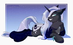 Size: 2448x1536 | Tagged: safe, artist:_candypone_, derpibooru import, oc, oc only, oc:penumbra shard, pony, unicorn, fanfic:iron hearts, amulet, chaos star, clothes, female, grin, hair over one eye, horn, jewelry, lying down, mare, prone, see-through, silk, smiling, socks, solo, sorceress, unicorn oc