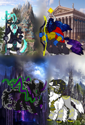 Size: 3000x4414 | Tagged: safe, artist:zetikoopa, derpibooru import, oc, oc:abyss, oc:chiron, oc:odin, oc:wu kong, centaur, goat, sheep, taur, umbrum, unicorn, immortal, kingdom, legend, male, ram, rulers of past, stallion, storm creature