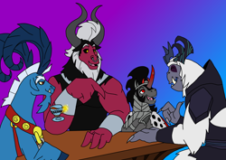 Size: 1414x1000 | Tagged: safe, artist:zetikoopa, derpibooru import, grogar, king sombra, lord tirek, storm king, centaur, goat, sheep, taur, umbrum, unicorn, my little pony: the movie, bonding, food, friendship, male, ram, smiling, stallion, storm creature, talking, tea