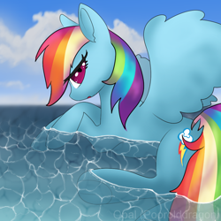 Size: 1000x1000 | Tagged: safe, artist:opal2023, derpibooru import, rainbow dash, pegasus, background, ocean, partially submerged, solo, summer, water