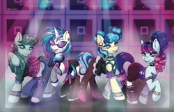 Size: 2599x1677 | Tagged: safe, artist:in4ri_, artist:koa, derpibooru import, coloratura, dj pon-3, octavia melody, sapphire shores, vinyl scratch, earth pony, pony, unicorn, collaboration, :p, alternate hairstyle, belt, boots, bracelet, choker, clothes, corset, countess coloratura, ear fluff, ear piercing, earring, ears, eyeshadow, face tattoo, female, fishnets, headphones, jacket, jewelry, leather, leather jacket, lights, lip piercing, makeup, mare, open mouth, pants, piercing, shoes, shorts, skirt, snake bites, socks, spiked choker, spiked wristband, stage, stirrup stockings, stirrups, stockings, tanktop, tattoo, thigh highs, toeless legwear, toeless stockings, tongue, tongue out, tongue piercing, vinyl's glasses, wristband
