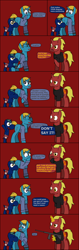 Size: 792x2515 | Tagged: safe, artist:j-yoshi64, derpibooru import, oc, oc only, oc:firebrand, earth pony, human, hybrid, pony, unicorn, comic:taking a self-insert too seriously, analysis bronies, blonde, blonde hair, blue coat, comic, dialogue, facehoof, green mane, gun, hoofbump, human in equestria, levitation, magic, male, ponified, red coat, reference to another series, rifle, self insert, species swap, speech bubble, stallion, telekinesis, text, title drop, weapon, yoshi