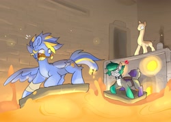 Size: 4000x2853 | Tagged: safe, artist:madiwann, derpibooru import, oc, oc:hunder, oc:shining trophy, earth pony, pegasus, pony, chase, collar, fire, gold, lava, looking at each other, looking at someone, looking back, male, mouth hold, spiked collar, stallion, stealing, temple