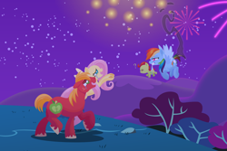 Size: 2880x1920 | Tagged: safe, anonymous artist, derpibooru import, big macintosh, fluttershy, rainbow dash, oc, oc:late riser, earth pony, pegasus, pony, series:fm holidays, baby, baby pony, bald tail, burned, burned butt, colt, crying, female, fireworks, fluttermac, flying, foal, frog (hoof), gritted teeth, high res, lineless, male, mare, mouth hold, no pupils, nose wrinkle, offspring, open mouth, open smile, outstretched hoof, parent:big macintosh, parent:fluttershy, parents:fluttermac, question mark, shipping, sleepy, smiling, smoke, stallion, straight, tears of joy, teeth, underhoof