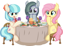 Size: 8843x6520 | Tagged: safe, artist:cyanlightning, derpibooru import, coco pommel, fluttershy, marble pie, earth pony, pegasus, pony, .svg available, absurd resolution, broccoli, canterlot, carrot, chair, cocobetes, cute, drink, drinking, ear fluff, ears, eating, female, food, glass, herbivore, marblebetes, mare, open mouth, plate, shyabetes, simple background, sitting, soup, table, the council of shy ponies, transparent background, trio, vector