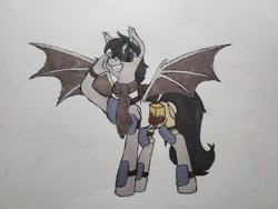 Size: 1612x1209 | Tagged: safe, artist:rustlerustle, derpibooru import, oc, oc only, oc:cornerstone, bat pony, armor, clothes, salute, scarf, shorts, solo, traditional art