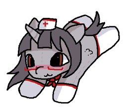 Size: 381x338 | Tagged: safe, artist:anonymare, derpibooru import, oc, oc only, oc:miaumare, unicorn, ms paint, nurse outfit, plushie, simple background, solo, white background