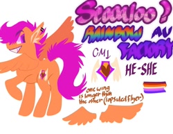 Size: 1080x835 | Tagged: safe, artist:material.girl.sinclair, derpibooru import, scootaloo, fanfic:rainbow factory, alternate cutie mark, alternate universe, ear piercing, fanfic art, lesbian pride flag, piercing, pride, pride flag, pronouns, rainbow factory au, reference sheet, simple background, solo, white background