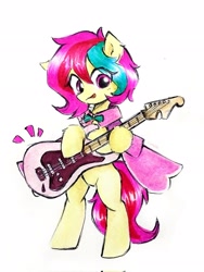 Size: 1538x2048 | Tagged: safe, artist:liaaqila, derpibooru import, oc, oc only, oc:cuihua, earth pony, pony, bipedal, cloak, clothes, electric guitar, female, guitar, looking at you, mare, musical instrument, simple background, smiling, solo, white background