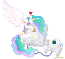 Size: 2732x2469 | Tagged: safe, artist:lordshrekzilla20, derpibooru import, princess celestia, alicorn, pony, commission, controller, eyes closed, female, game console, heart, hug, mare, sega dreamcast, simple background, smiling, solo, spread wings, transparent background, wings