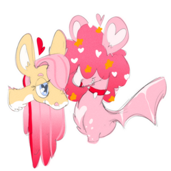 Size: 1000x1000 | Tagged: safe, artist:sugvr_alien, derpibooru import, fluttershy, pinkie pie, bat pony, pegasus, pony, alternate design, bat ponified, collar, duo, female, flutterpie, heart, heart eyes, lesbian, pinkiebat, race swap, shipping, simple background, spiked collar, white background, wingding eyes