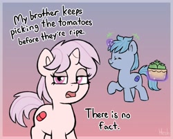 Size: 1694x1364 | Tagged: safe, artist:heretichesh, derpibooru import, oc, oc only, oc:blue pill, oc:red pill, pony, unicorn, basket, brother and sister, colt, dialogue, duo, eyes closed, female, filly, foal, food, gradient background, levitation, lidded eyes, magic, male, siblings, smiling, talking to viewer, telekinesis, tomato, unamused