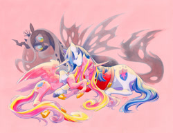 Size: 1200x927 | Tagged: safe, artist:fleebites, derpibooru import, princess cadance, queen chrysalis, shining armor, alicorn, changeling, changeling queen, pony, unicorn, female, lying down, male, mare, open mouth, open smile, pink background, prone, simple background, sinister smile, smiling, stallion, trio