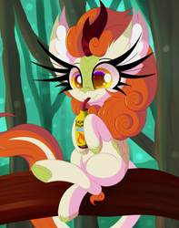 Size: 6387x8107 | Tagged: safe, artist:windykirin, derpibooru import, autumn blaze, kirin, pony, absurd file size, absurd resolution, drink, drinking, energy drink, female, forest, long eyelashes, sitting, solo, tree, tree branch