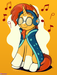 Size: 1500x1995 | Tagged: safe, artist:passionpanther, derpibooru import, sunburst, pony, unicorn, series:ponies with headphones, blaze (coat marking), cloak, clothes, coat markings, cute, facial hair, facial markings, glasses, goatee, headphones, male, music notes, simple background, smiling, socks (coat marking), solo, stallion, sunbetes, sunburst's cloak, tapping, yellow background