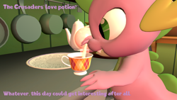 Size: 3840x2160 | Tagged: safe, artist:olkategrin, derpibooru import, spike, dragon, comic:no moaning in the library, 3d, book, bookshelf, comic, cup, dialogue, english, golden oaks library, kitchen, looking at something, male, plant, plate, potion, pouring, room, solo, source filmmaker, standing, teacup, teapot, text