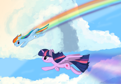 Size: 2360x1640 | Tagged: safe, artist:rayelli, derpibooru import, rainbow dash, twilight sparkle, twilight sparkle (alicorn), alicorn, pegasus, pony, cloud, cute, duo, ears, female, floppy ears, flying, happy, lesbian, shipping, twidash, wings