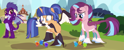 Size: 5469x2202 | Tagged: safe, artist:pastelnightyt, derpibooru import, oc, oc only, oc:comet dust, oc:freya, oc:nova antares, alicorn, dragon, parasprite, pony, unicorn, emble, female, male, mare, offspring, parent:flash sentry, parent:garble, parent:princess ember, parent:starlight glimmer, parent:sunburst, parent:twilight sparkle, parents:emble, parents:flashlight, parents:starburst, straight