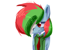 Size: 722x566 | Tagged: safe, artist:kruvvv, derpibooru import, oc, oc only, oc:shio, anthro, pegasus, pony, fallout equestria, anthro oc, bandage, clothes, fallout equestria oc, folded wings, lidded eyes, looking sideways, male, multicolored hair, necktie, pegasus oc, red eyes, shirt, simple background, solo, stallion, standing, white background, wings