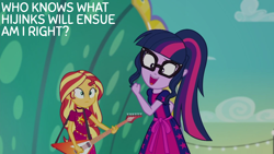 Size: 1280x720 | Tagged: safe, derpibooru import, edit, edited screencap, editor:quoterific, screencap, sci-twi, sunset shimmer, twilight sparkle, better together, equestria girls, spring breakdown