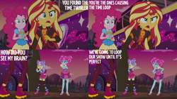 Size: 2000x1125 | Tagged: safe, derpibooru import, edit, edited screencap, editor:quoterific, screencap, kiwi lollipop, pinkie pie, sunset shimmer, supernova zap, better together, equestria girls, sunset's backstage pass!