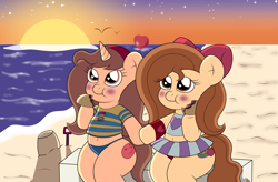 Size: 4259x2800 | Tagged: safe, artist:sparkfler85, derpibooru exclusive, derpibooru import, oc, oc only, oc:flani bainilye, oc:hymyt, earth pony, pony, unicorn, beach, belly button, blushing, bow, bracelet, chubby, clothes, cute, earthbound, eating, female, food, freckles, hair bow, hairband, heart, heart eyes, implied incest, implied lesbian, jewelry, ness, panties, shirt, sitting, skirt, striped shirt, striped skirt, sunset, taco, underwear, wingding eyes