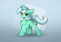 Size: 2600x1800 | Tagged: safe, artist:rejiser, derpibooru import, lyra heartstrings, pony, unicorn, chest fluff, cutie mark, full body, gradient background, horn, looking at you, raised hoof, raised leg, signature, solo, tail