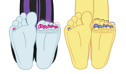 Size: 3289x1931 | Tagged: safe, artist:wallflowerblusheqg, derpibooru import, pixel pizazz, violet blurr, human, equestria girls, barefoot, base, base used, feet, female, fetish, foot fetish, foot focus, legs, pictures of legs, simple background, soles, toes, white background