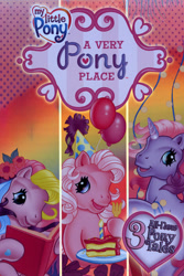 Size: 960x1440 | Tagged: safe, derpibooru import, cheerilee (g3), pinkie pie (g3), storybelle, earth pony, pony, unicorn, a very pony place, come back lily lightly, g3, positively pink, two for the sky, balloon, birthday cake, book, cake, candle, food, fork, hat, looking at you, my little pony logo, party hat, poster, reading