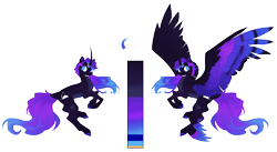 Size: 7751x4244 | Tagged: safe, derpibooru import, oc, alicorn, pony, alicorn oc, blue eyes, body markings, colored hooves, colored wings, colored wingtips, cute, cute little fangs, facial markings, fangs, gradient hair, gradient mane, gradient tail, gradient wings, heterochromia, horn, horn jewelry, jewelry, leg feathers, multicolored wings, next generation, offspring, pale belly, parent:king sombra, parent:princess luna, parents:lumbra, reference sheet, simple background, spread wings, tail, transparent background, wings