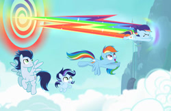 Size: 1280x834 | Tagged: safe, artist:serenasparklyt, derpibooru import, rainbow dash, soarin', oc, oc:rainbolt, oc:sky wishes, pegasus, pony, colt, explosion, family, female, filly, flying, foal, male, mare, offspring, parent:rainbow dash, parent:soarin', parents:soarindash, shipping, sky, soarindash, straight