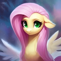 Size: 1024x1024 | Tagged: safe, ai content, derpibooru import, generator:purplesmart.ai, generator:stable diffusion, machine learning generated, fluttershy, pegasus, pony, cute, ear fluff, ears, green eyes, night, pink mane, prompter:saltyvity, simple background, smiling, solo, sparkles, wings