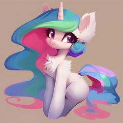 Size: 1536x1536 | Tagged: safe, ai content, derpibooru import, generator:purplesmart.ai, generator:stable diffusion, machine learning generated, princess celestia, unicorn, blue mane, ear fluff, ears, fluffy, green mane, missing cutie mark, paint, pink eyes, pink mane, prompter:saltyvity, race swap, simple background, smiling, solo, unicorn celestia, wingless