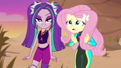 Size: 3000x1688 | Tagged: safe, artist:bigpurplemuppet99, derpibooru import, edit, edited screencap, screencap, aria blaze, fluttershy, human, aww... baby turtles, better together, equestria girls, ariashy, clothes, female, lesbian, shipping, swimsuit, wetsuit