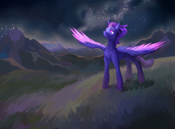 Size: 6576x4868 | Tagged: safe, artist:yasu, derpibooru import, oc, oc only, oc:shadow galaxy, pegasus, pony, absurd resolution, commission, detailed background, ethereal mane, female, grass, grass field, hooves, mare, mountain, mountain range, night, pegasus oc, smiling, solo, spread wings, starry mane, starry tail, stars, tail, wings