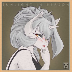 Size: 2000x2000 | Tagged: safe, artist:maximus, derpibooru import, oc, oc:sunlight stellaris, anthro, unicorn, cover, looking at you, parody