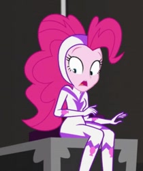 Size: 501x596 | Tagged: safe, derpibooru import, screencap, fili-second, pinkie pie, human, equestria girls, movie magic, spoiler:eqg specials, eyebrows, female, frown, open mouth, power ponies, scared, shocked, sitting, solo, superhero costume, surprised