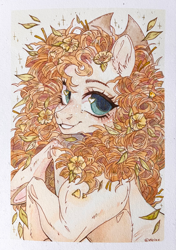 Size: 2772x3929 | Tagged: safe, artist:eiirine, derpibooru import, pear butter, earth pony, pony, curly hair, curly mane, cute, eyebrows, eyelashes, female, flower, flower in hair, hat, ink drawing, leaves, leaves in hair, lineart, looking at you, mare, pearabetes, pencil drawing, smiling, smiling at you, solo, traditional art, watercolor painting