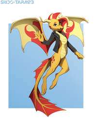 Size: 1708x2157 | Tagged: safe, artist:shido-tara, derpibooru import, sunset shimmer, dragon, abstract background, clothes, dragoness, dragonified, female, horns, jacket, leather, leather jacket, looking at you, piercing, raised arm, scales, sketch, species swap, spread wings, sunset dragon, wings