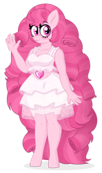 Size: 1235x2089 | Tagged: safe, artist:unoriginai, derpibooru import, oc, oc only, anthro, anthro oc, clothes, crossover, crossover ship offspring, cute, dress, gem, looking at you, magical lesbian spawn, offspring, parent:pinkie pie, parent:rose quartz, short shirt, simple background, skirt, solo, sparkles, transparent background