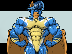 Size: 1800x1360 | Tagged: safe, artist:rizzyofen, derpibooru import, oc, oc:lightning rider, anthro, pegasus, abs, anthro oc, biceps, clothes, flexing, male, muscles, muscular male, pecs, pegasus oc, stallion, uniform, wings, wonderbolts, wonderbolts uniform