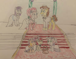 Size: 1015x787 | Tagged: safe, artist:13mcjunkinm, derpibooru import, apple bloom, cheese sandwich, maud pie, pinkie pie, scootaloo, sweetie belle, earth pony, pony, clothes, cutie mark crusaders, dress, marriage, wedding, wedding dress, wedding suit