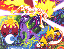 Size: 3290x2524 | Tagged: safe, alternate version, artist:foldawaywings, derpibooru import, twilight sparkle, unicorn twilight, pony, unicorn, abstract background, book, coat markings, duo, female, fiery fetlocks, fire, mane of fire, mare, marker drawing, rearing, swirls, swirly markings, traditional art, white eyes