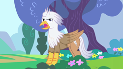 Size: 1280x720 | Tagged: safe, artist:mlp-silver-quill, derpibooru import, oc, oc:silver quill, hippogriff, flower, keyframe and the dread griffon, silver quill is not amused, tree, unamused