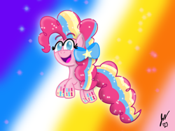 Size: 2160x1620 | Tagged: safe, artist:jesslmc16, derpibooru import, pinkie pie, earth pony, friendship is magic, g4, balloon, bow, digital art, female, floating, full body, hair bow, looking at you, mare, procreate app, rainbow, rainbow power, signature, smiling, smiling at you, sparkles, striped mane, striped tail, stripes, tail
