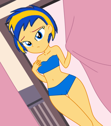 Size: 1912x2176 | Tagged: safe, artist:mlpfan3991, derpibooru import, oc, oc only, oc:flare spark, human, equestria girls, bed, bikini, bikini bottom, bikini top, blanket, clothes, female, sexy, swimsuit