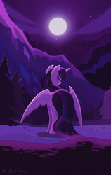 Size: 1280x2031 | Tagged: safe, artist:askometa, derpibooru import, twilight sparkle, twilight sparkle (alicorn), alicorn, pony, facing away, female, mare, moon, mountain, night, solo, spread wings, wings