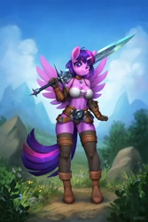 Size: 1333x2000 | Tagged: safe, artist:asimos, derpibooru import, twilight sparkle, twilight sparkle (alicorn), alicorn, anthro, armor, battle bikini, belt, boots, breasts, cleavage, clothes, fantasy, female, gloves, greatsword, headlight sparkle, long gloves, looking at you, mare, midriff, mountain, outdoors, shoes, spread wings, sword, thigh highs, thighs, unconvincing armor, vambrace, warrior twilight sparkle, weapon, wings