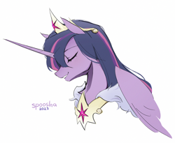 Size: 2326x1908 | Tagged: safe, artist:spoosha, derpibooru import, twilight sparkle, twilight sparkle (alicorn), alicorn, pony, accessory, blushing, crown, eyes closed, jewelry, majestic, regalia, simple background, sketch, white background, wings